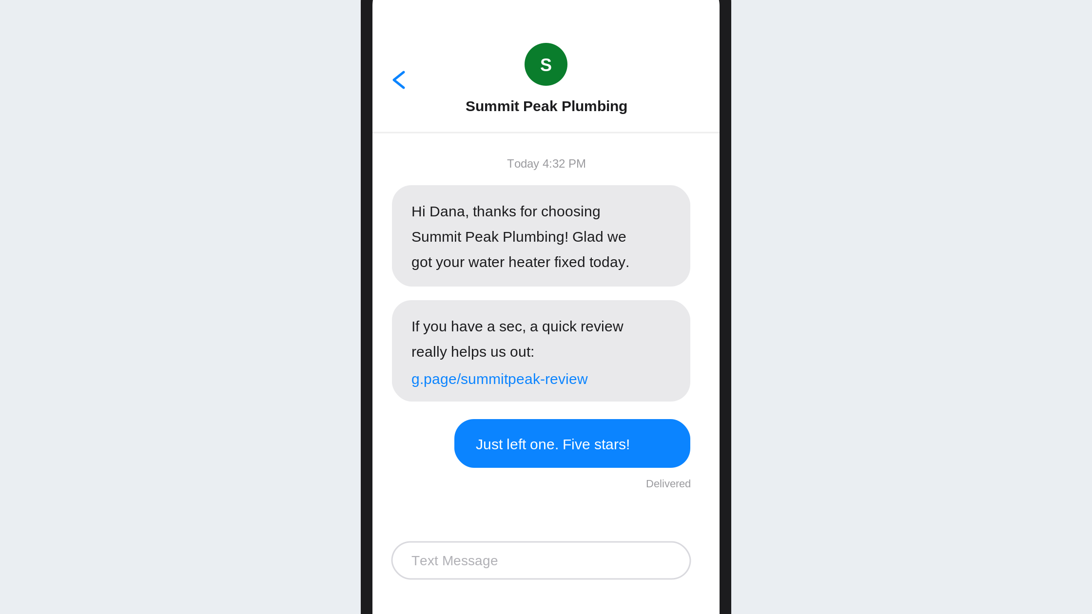 A review-request text from a business thanking a customer for the job and linking them to leave a Google review, with the customer replying that they left a five-star one