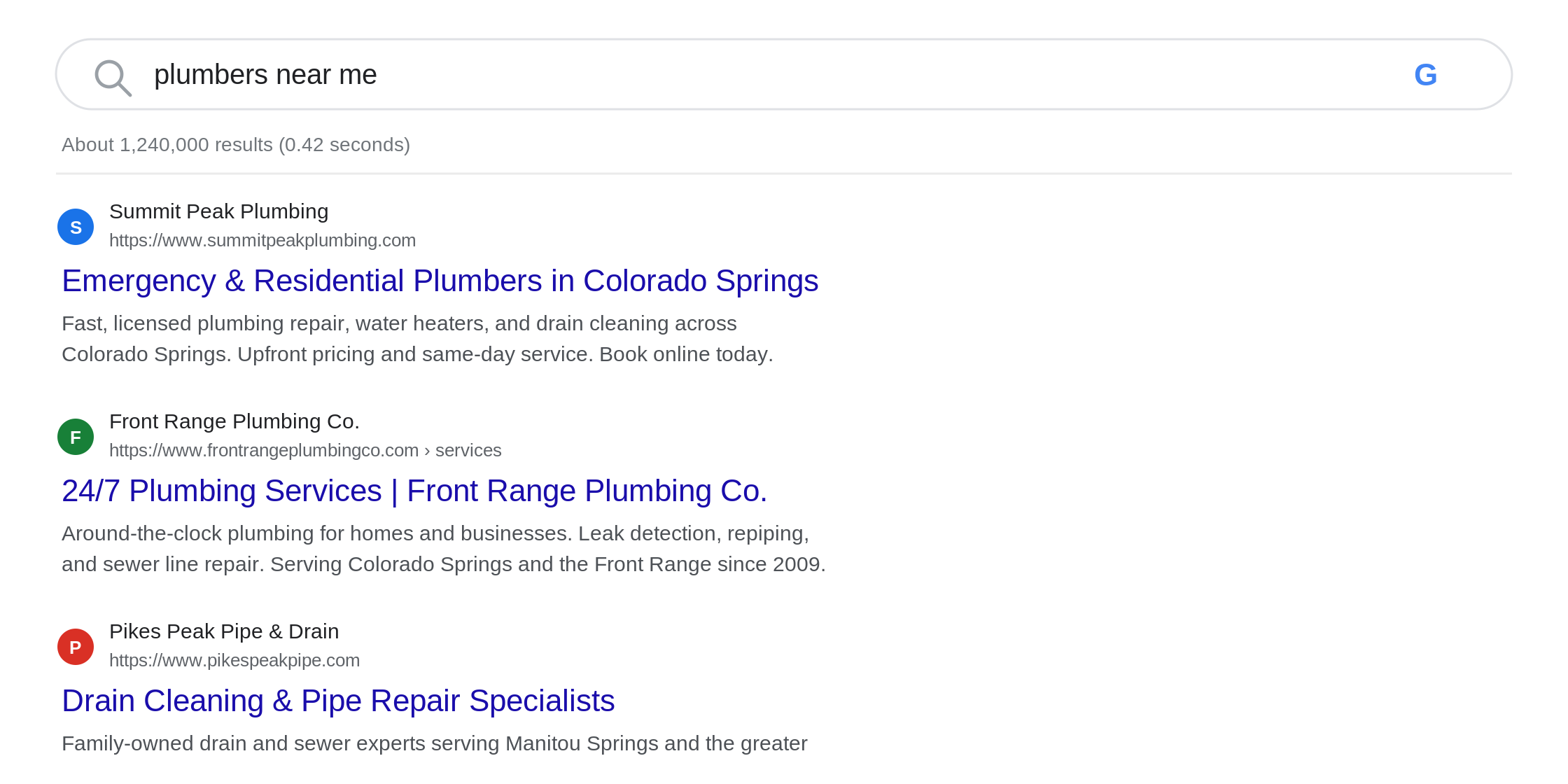 Standard Google organic search results, the blue links below the map