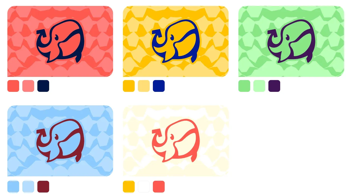 Five Mainsplash color pairings, each a base color with a lighter pattern tone and a contrasting accent on the whale