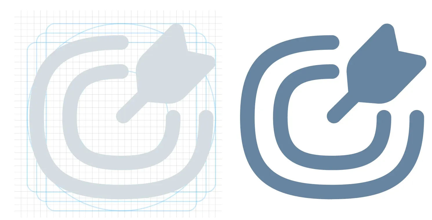 A Mainsplash icon drawn over its 32 by 32 pixel grid, next to the finished icon