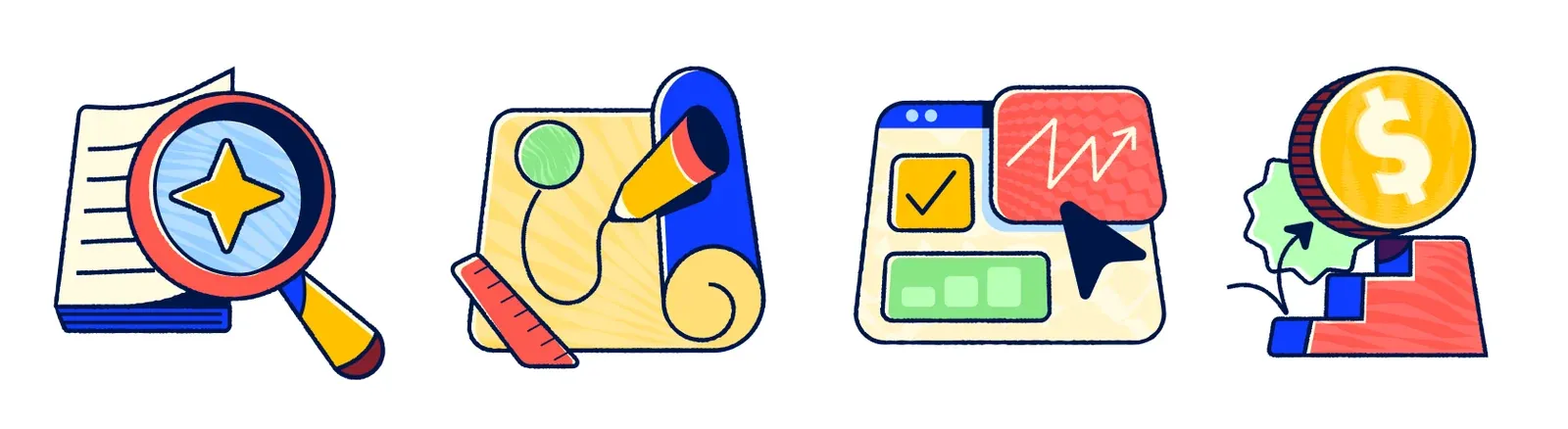 Four Mainsplash illustrations: a magnifying glass over a document, a blueprint with a pencil and ruler, a browser window with a chart, and a coin above rising steps
