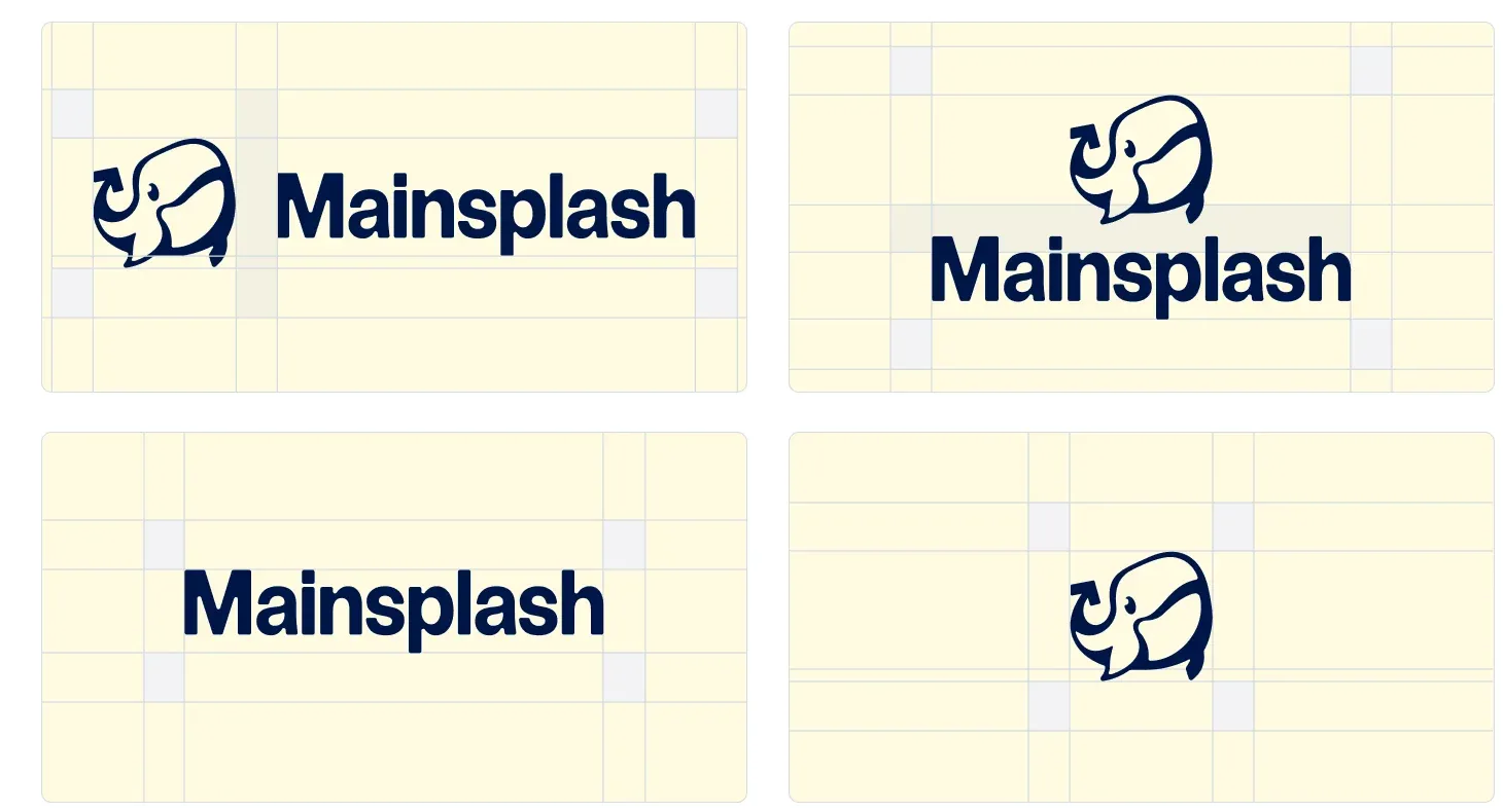 The Mainsplash logo in four arrangements: horizontal, stacked, the wordmark alone, and the whale alone, each with its clear space marked