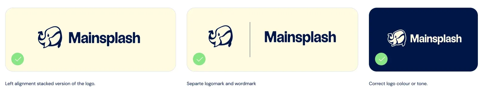 The Mainsplash logo used correctly: horizontal on cream, the whale and wordmark separated by a thin line, and the light version on Midnight Ocean