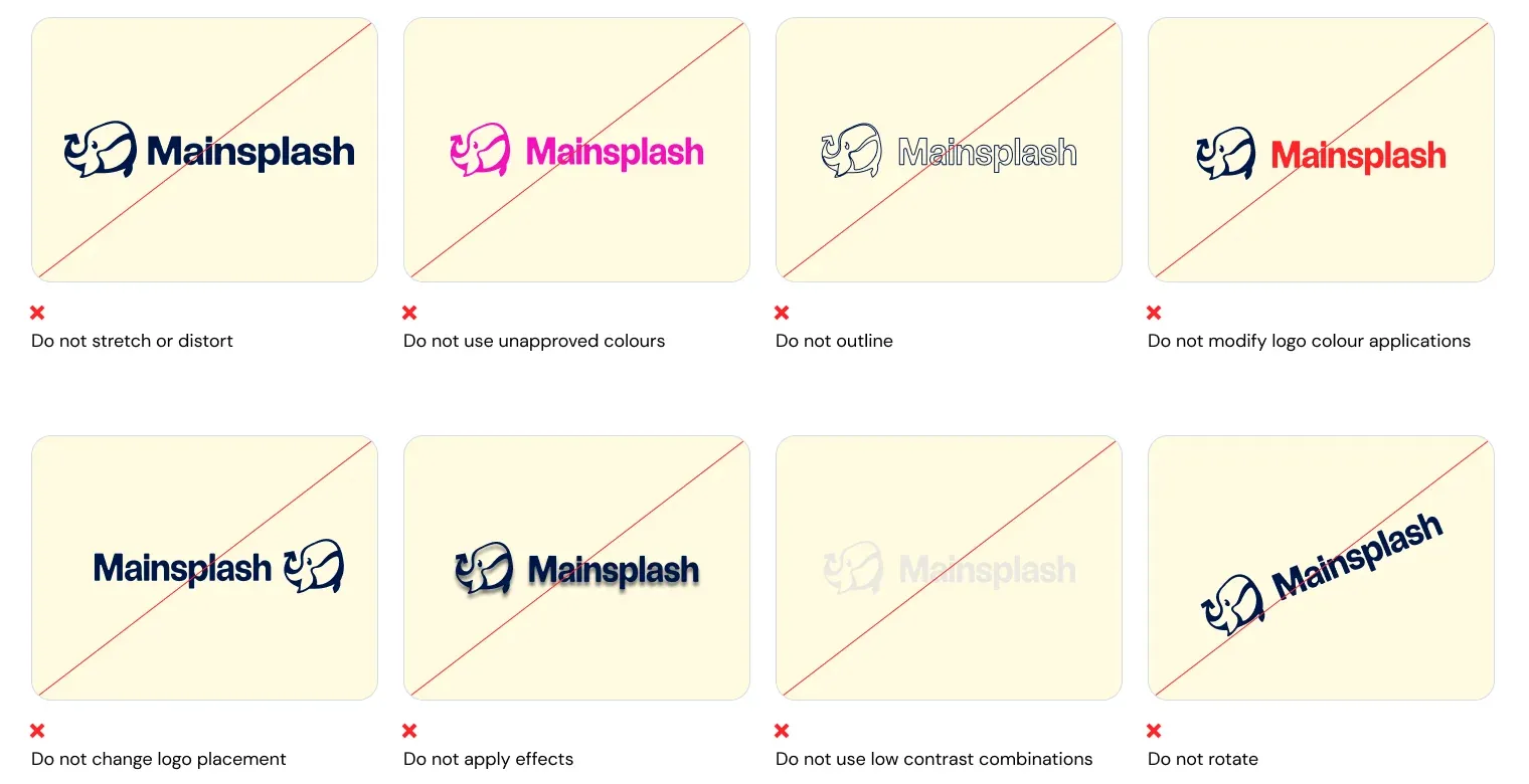 Eight crossed-out examples of the Mainsplash logo misused: stretched, recolored, outlined, with its colors changed, rearranged, with effects, in low contrast, and rotated