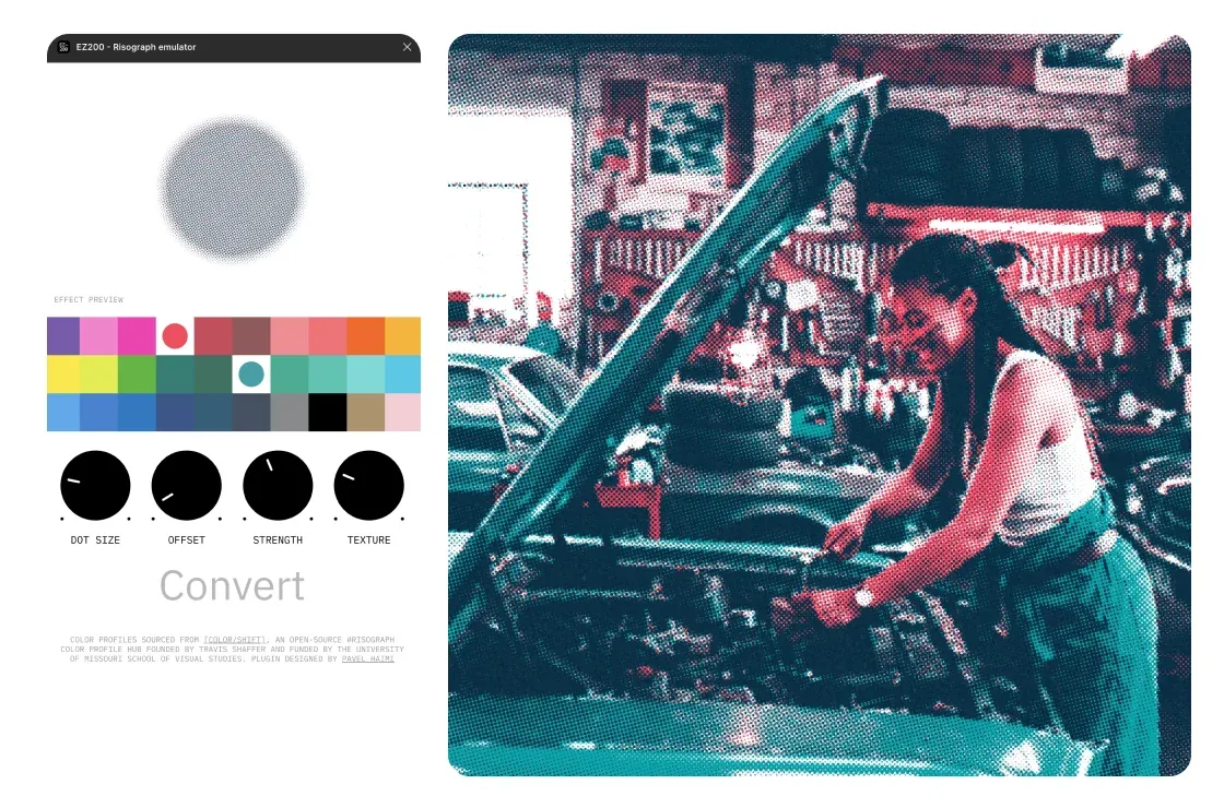 The risograph plugin's settings next to a photo of a mechanic after the risograph treatment, with grain and layered color