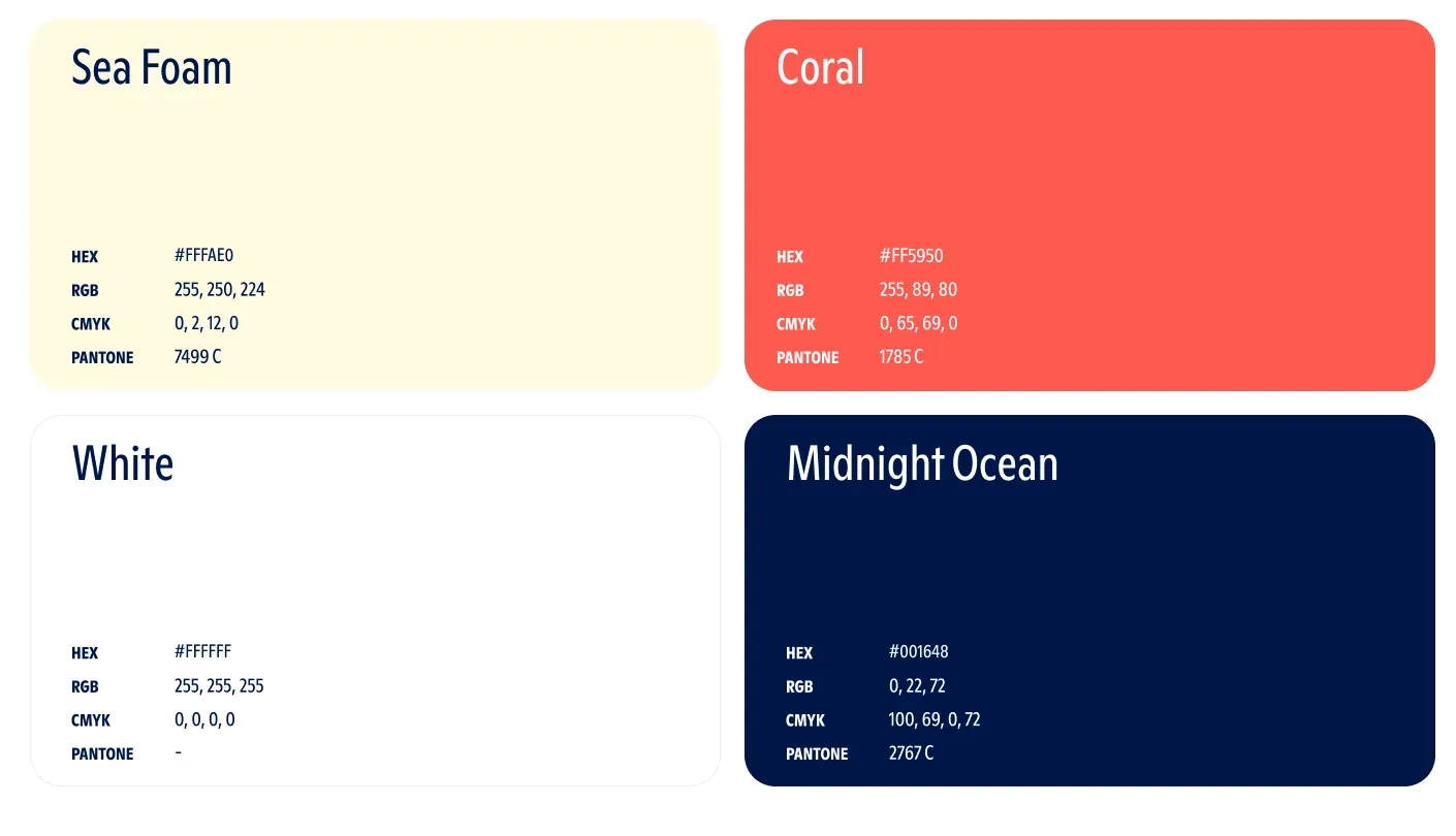 The four Mainsplash primary colors, Sea Foam, Coral, White, and Midnight Ocean, with HEX, RGB, CMYK, and Pantone values