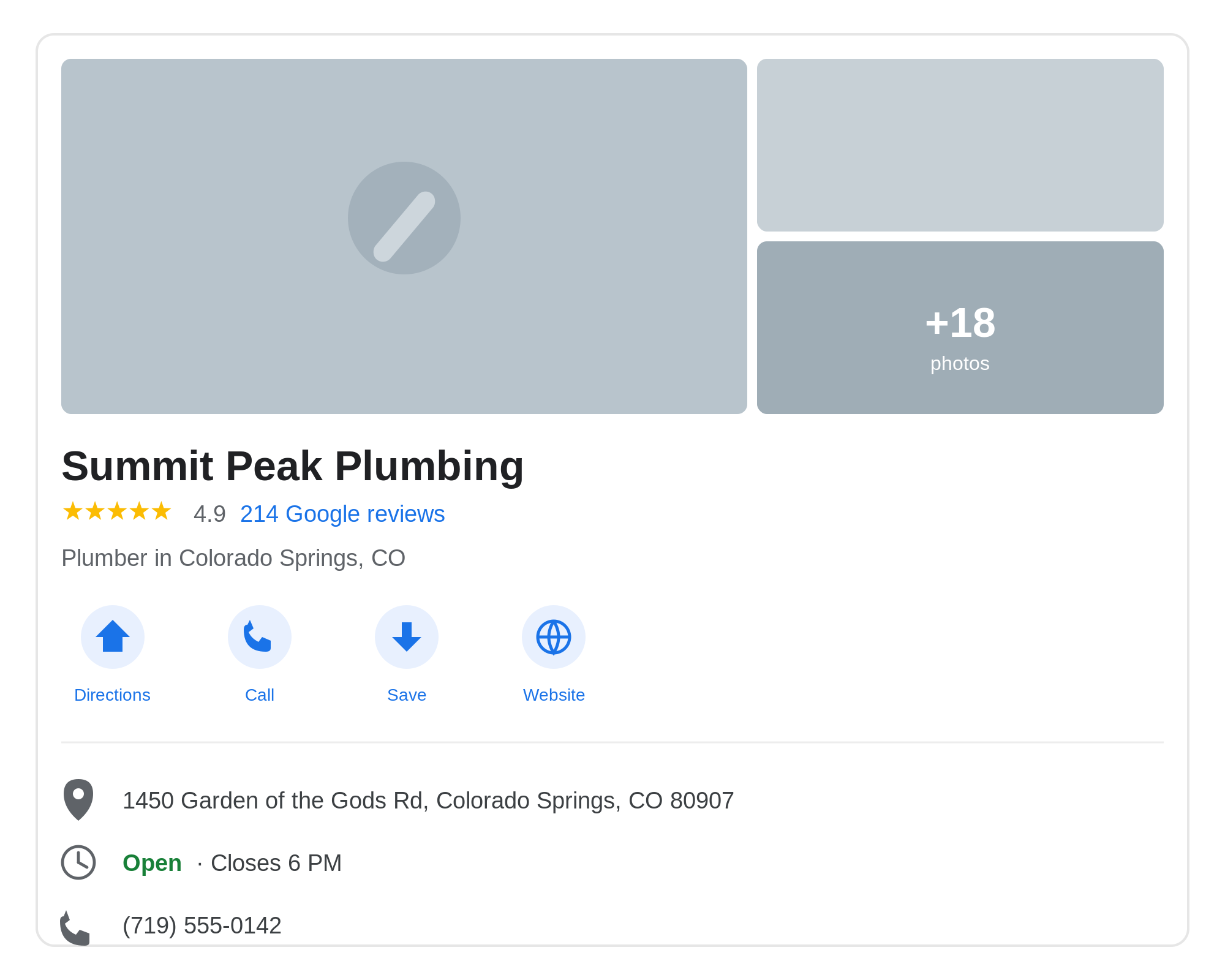 A Google Business Profile for Summit Peak Plumbing showing photos, a 4.9 star rating, hours, and Directions, Call, Save, and Website buttons
