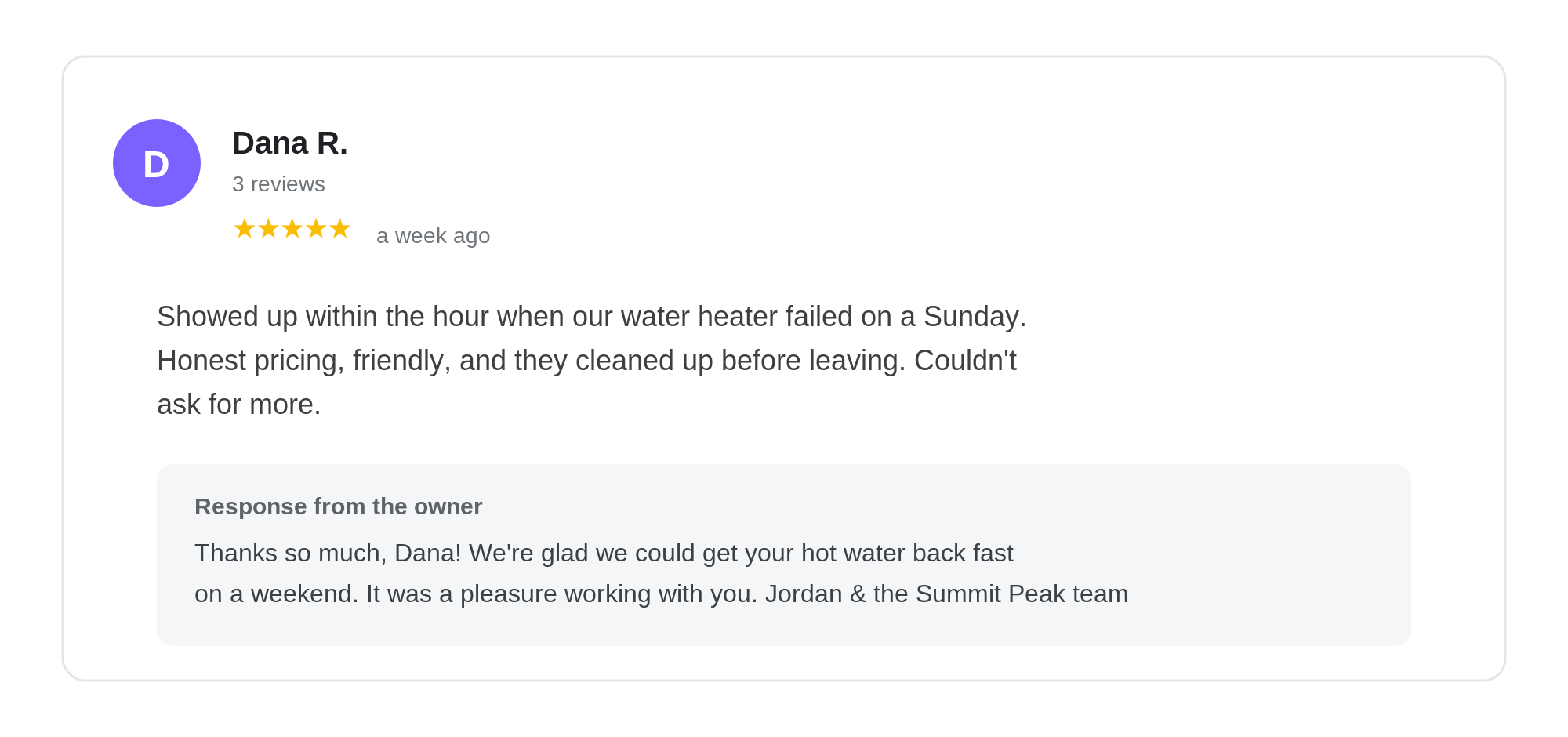 A five-star Google review with a short, warm response from the business owner thanking the customer by name
