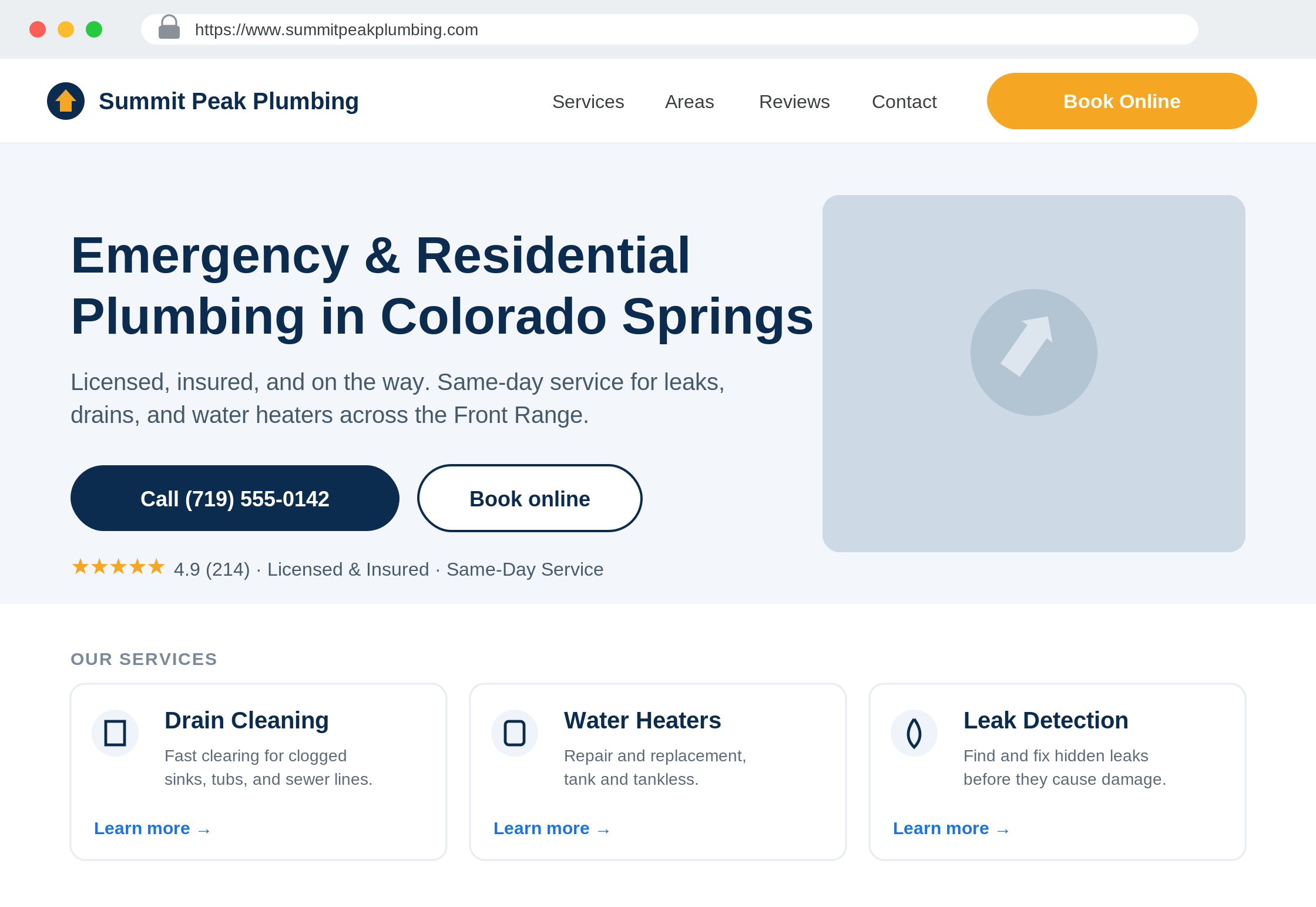 A plumbing company homepage that clearly states the service and city, with a phone number and a Book online button